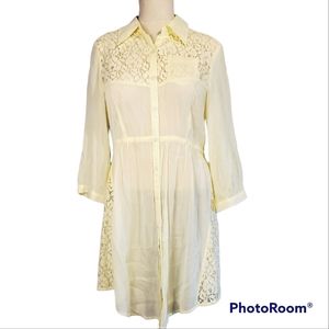 Free People dress sheer yellow lace sz 8 tie back button front lightweight